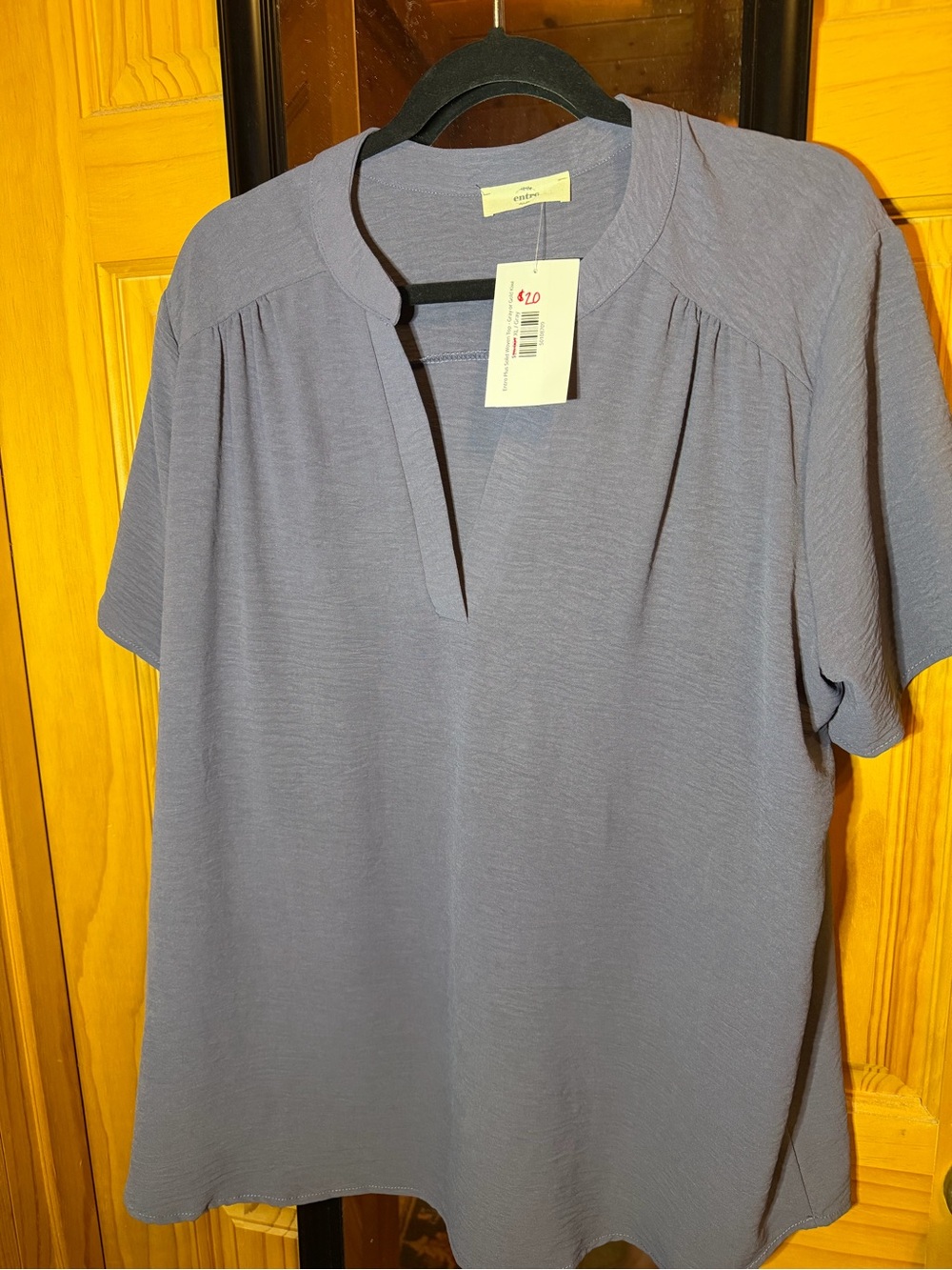 entro Slate Blue Split V-Neck Short Sleeve Blouse